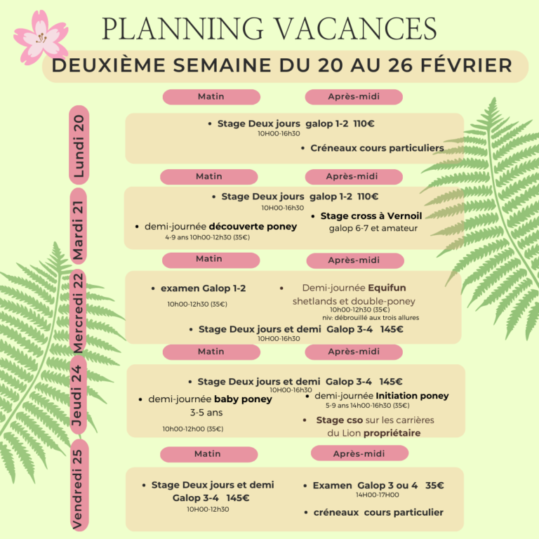 planning 2eme semaine des vacances de février