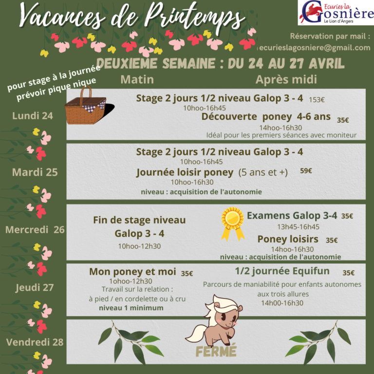 stage vacances avril 2eme semaine